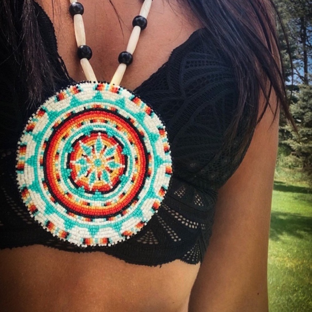 Handmade Native American Beaded Rosette Necklace Huge